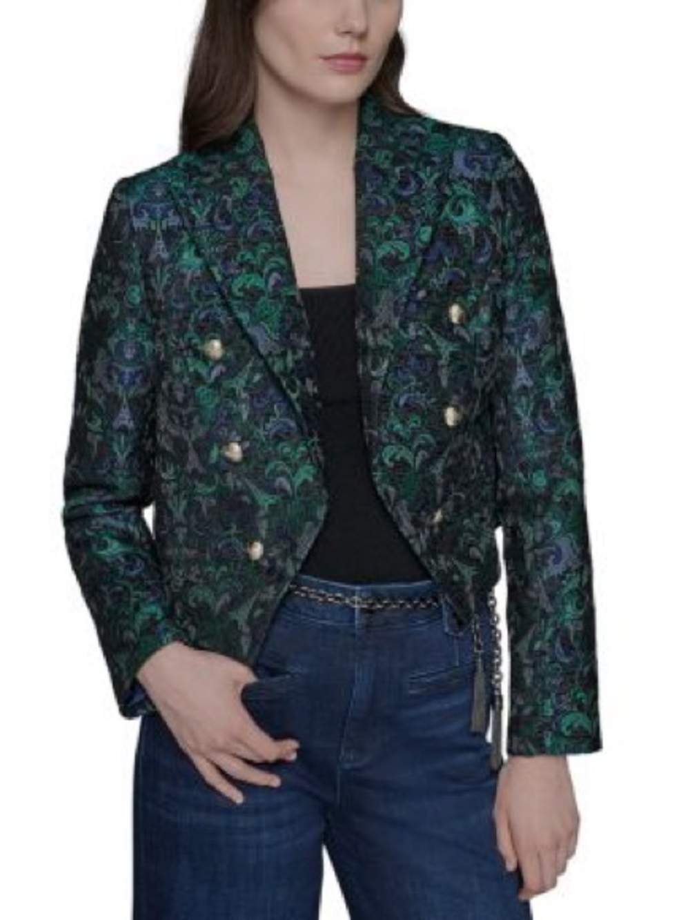 NWT Karl Lagerfeld Green and Blue Metallic Jacquard Cropped Blazer